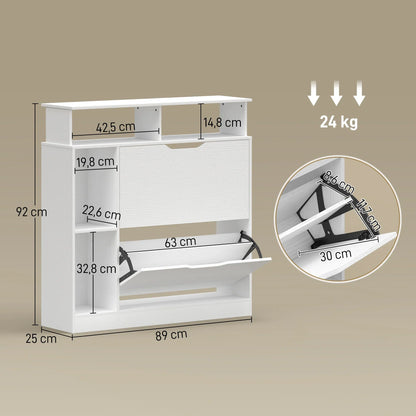 HOMCOM scarpiera stretta con 2 ante a ribalta, scomparti aperti e ripiano regolabile, 89 x 25 x 92 cm, bianco