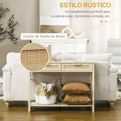 HOMCOM Tavolo Consolle da Ingresso con 2 Cassetti con Superficie in Rattan e Ripiano Inferiore, per Soggiorno o Camera da Letto, Stile Rustico, 100x30x76 cm, Colore Naturale