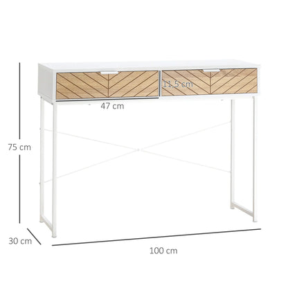 HOMCOM Consolle Stretta per Ingresso con 2 Cassetti, Design Moderno con Linee a Rilievo per Corridoio, Salotto e Camera da Letto 100x30x75 cm Bianco e Rovere