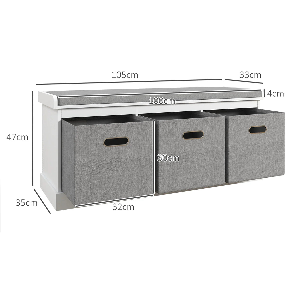 HOMCOM Panca Scarpiera da Ingresso con 3 Cassetti, Mobile Contenitore per Scarpe con Rivestimento in Legno e Tessuto, Scarpiera per 3 Paia di Scarpe, per Soggiorno e Corridoio, 105x35x47 cm, Bianco