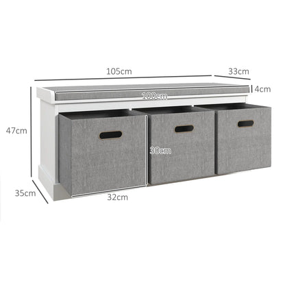 HOMCOM Panca Scarpiera da Ingresso con 3 Cassetti, Mobile Contenitore per Scarpe con Rivestimento in Legno e Tessuto, Scarpiera per 3 Paia di Scarpe, per Soggiorno e Corridoio, 105x35x47 cm, Bianco