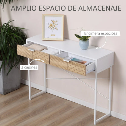 HOMCOM Consolle Stretta per Ingresso con 2 Cassetti, Design Moderno con Linee a Rilievo per Corridoio, Salotto e Camera da Letto 100x30x75 cm Bianco e Rovere