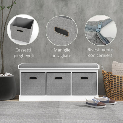 HOMCOM Panca Scarpiera da Ingresso con 3 Cassetti, Mobile Contenitore per Scarpe con Rivestimento in Legno e Tessuto, Scarpiera per 3 Paia di Scarpe, per Soggiorno e Corridoio, 105x35x47 cm, Bianco