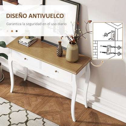 HOMCOM Tavolo Consolle in Stile Francese con 2 Cassetti per Ingresso Camera da Letto Soggiorno, 100x35x76,5 cm, Bianco e Marrone Scuro