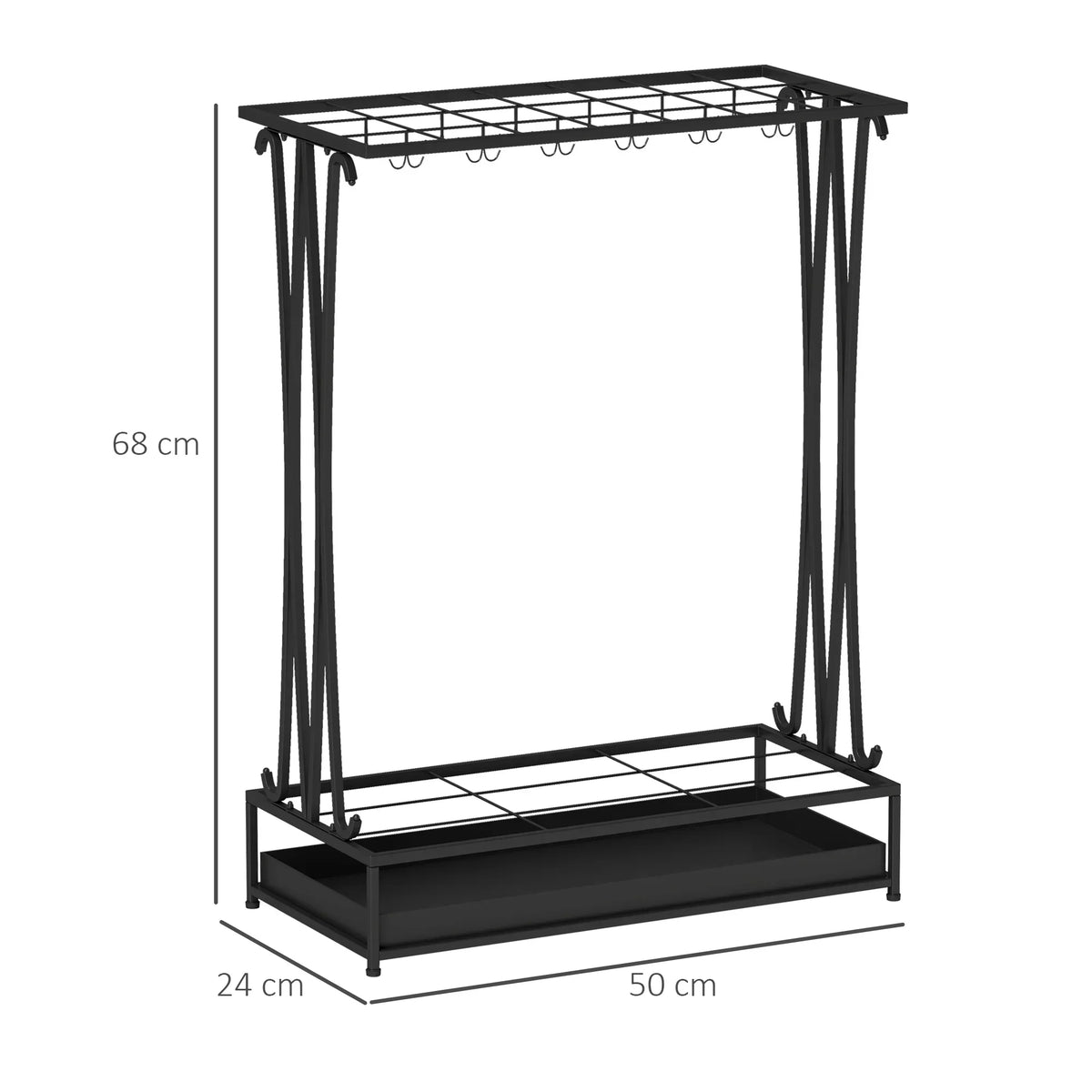 HOMCOM Portaombrelli in Acciaio Portaombrelli Rettangolare con 24 Ganci, 21 Aperture, Vassoio Raccogli Gocce Rimovibile per Bastoni da Passeggio e Ombrelli 50 x 24 x 68 cm Nero