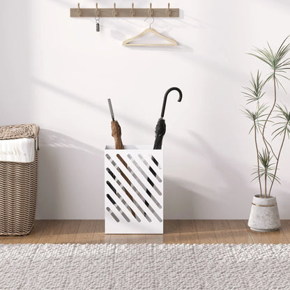 HOMCOM Portaombrelli con 4 Ganci e Vaschetta Raccogligocce Removibile - Portaombrelli per Bastoni da Passeggio e Ombrelli, Acciaio 28 x 14 x 41 cm Bianco
