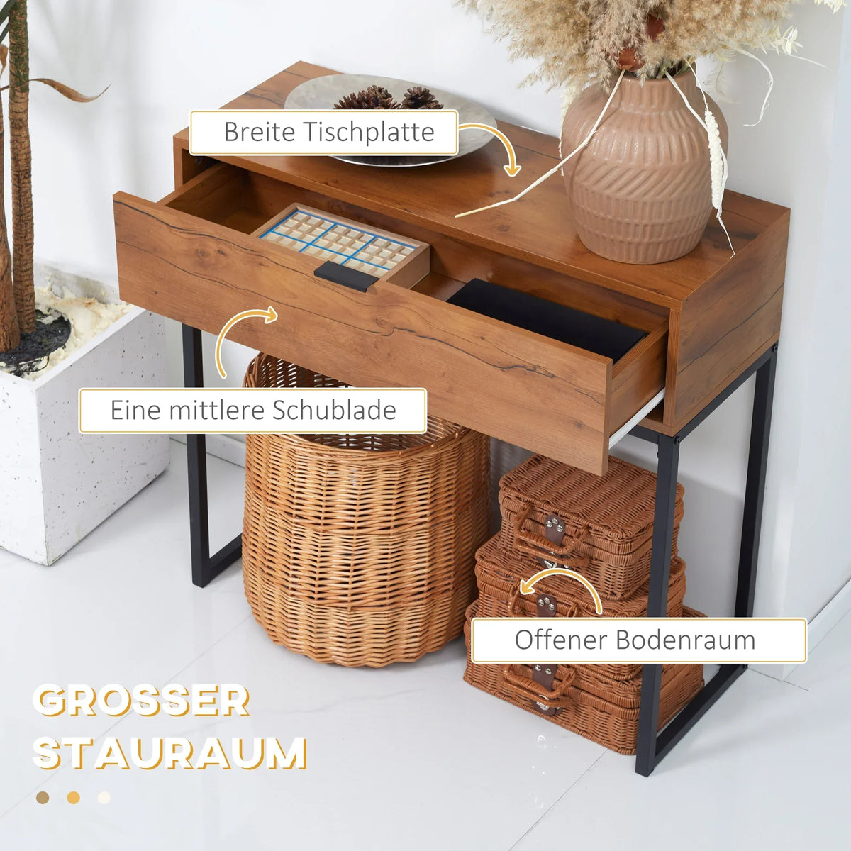 HOMCOM Consolle con Contenitore, Tavolino da Divano con Design Industriale, Tavolino Laterale per Corridoio, Soggiorno, Ingresso, Acciaio, Marrone, 80 x 30 x 76 cm