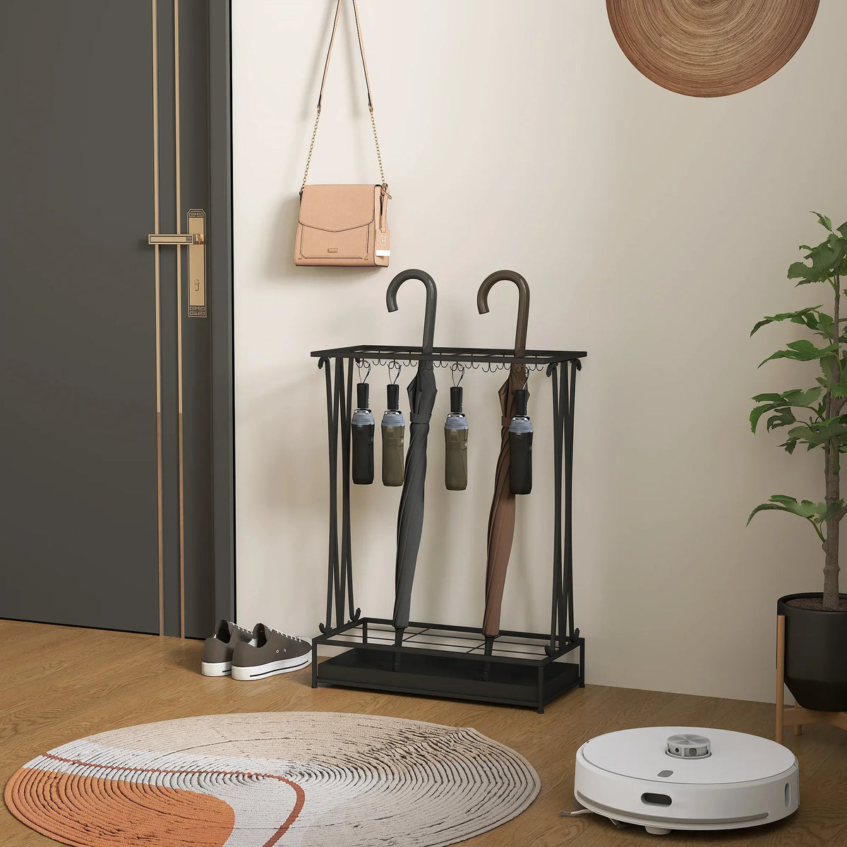 HOMCOM Portaombrelli in Acciaio Portaombrelli Rettangolare con 24 Ganci, 21 Aperture, Vassoio Raccogli Gocce Rimovibile per Bastoni da Passeggio e Ombrelli 50 x 24 x 68 cm Nero