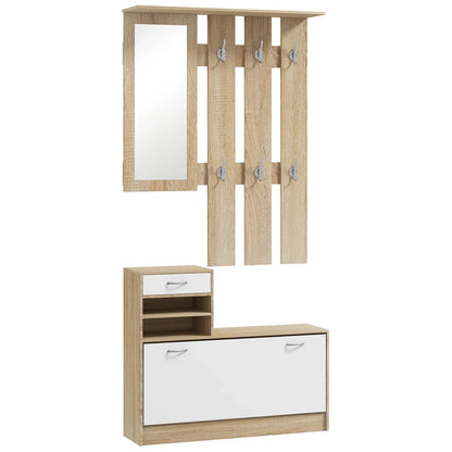 HOMCOM Organizer da Ingresso con Specchio, Appendiabiti e Scarpiera - Set di Mobili a 2 Pezzi per l'Ingresso con 6 Ganci, Ripiani e Cassetto a Ribalta per un Ingresso Naturale