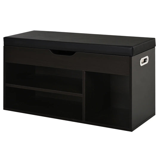 HOMCOM Gepolsteter Schuhschrank für den Eingangsbereich, Schuhschrank mit Schuhregal, 3 Fächer, Sitzfläche aus PU-Leder, für Wohn- und Flurbereich, 80x30x43 cm, Schwarz