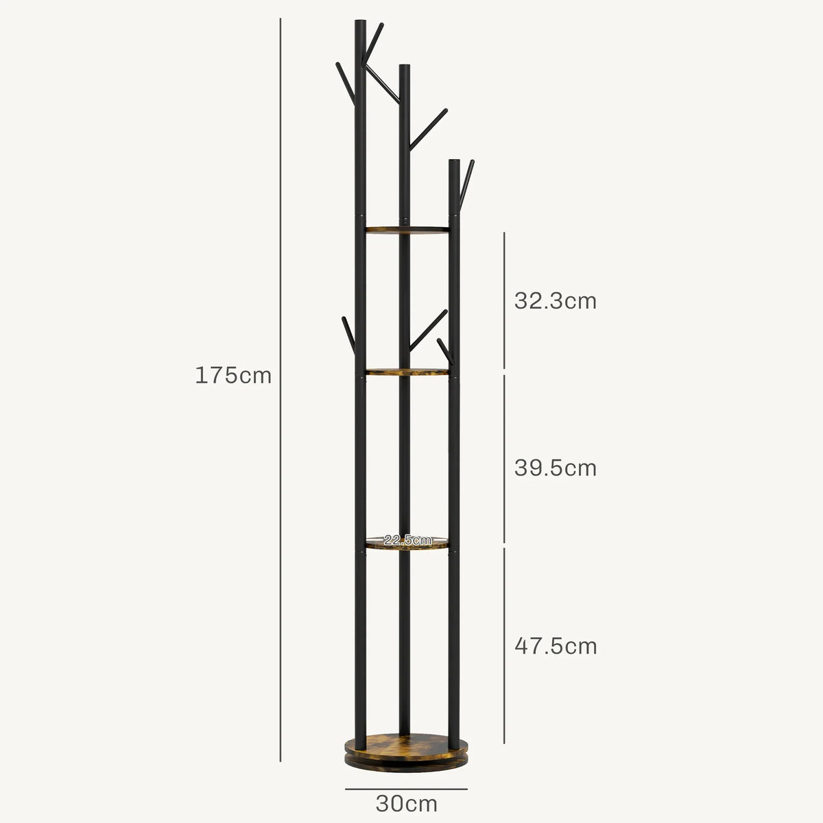 HOMCOM Drehbarer Freistehender Kleiderständer mit 8 Haken und 4 Regalen, Industrieller Kleiderständer für Eingangsbereich und Schlafzimmer, Ø30x175cm, Rustik Braun