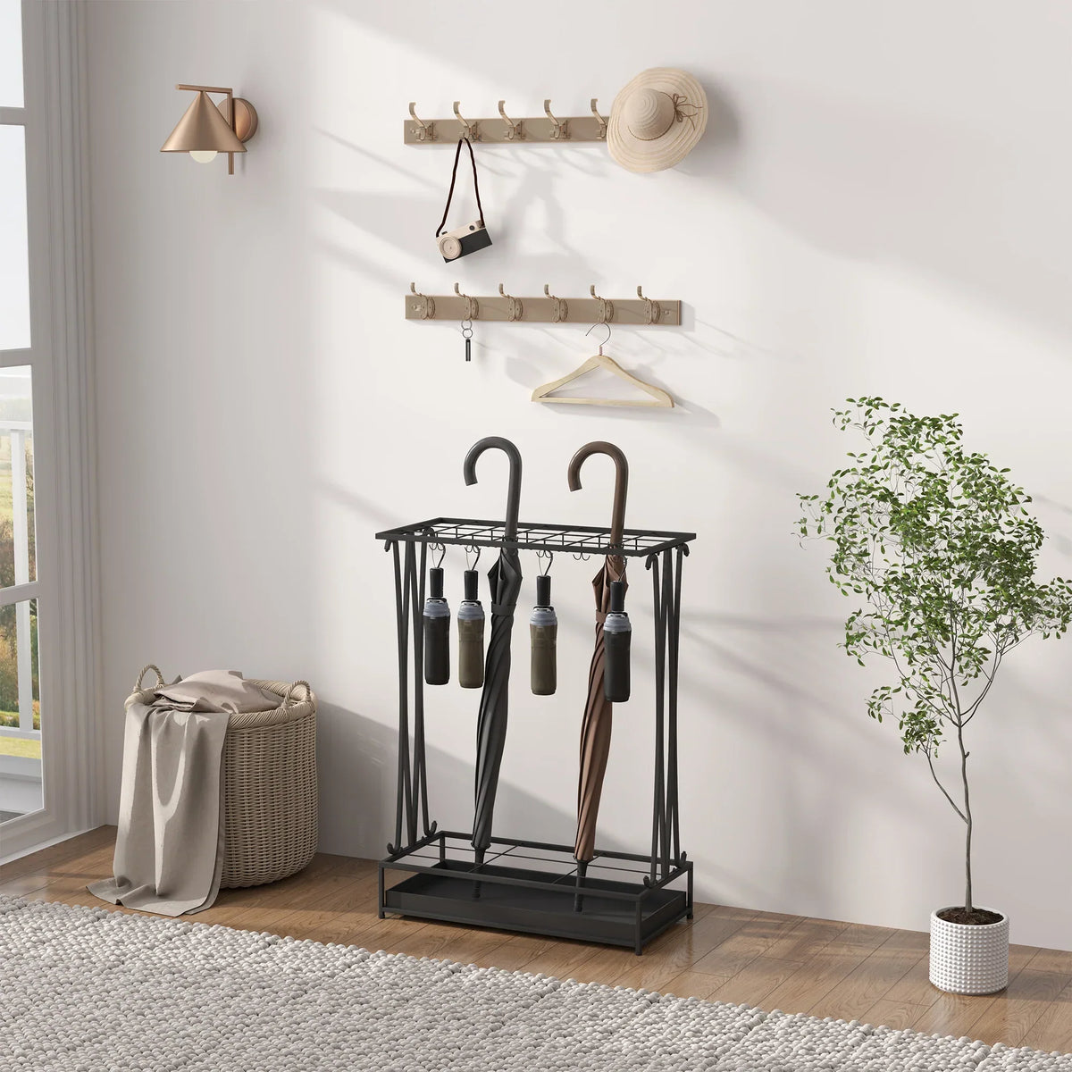 HOMCOM Portaombrelli in Acciaio Portaombrelli Rettangolare con 24 Ganci, 21 Aperture, Vassoio Raccogli Gocce Rimovibile per Bastoni da Passeggio e Ombrelli 50 x 24 x 68 cm Nero
