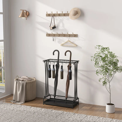 HOMCOM Portaombrelli in Acciaio Portaombrelli Rettangolare con 24 Ganci, 21 Aperture, Vassoio Raccogli Gocce Rimovibile per Bastoni da Passeggio e Ombrelli 50 x 24 x 68 cm Nero