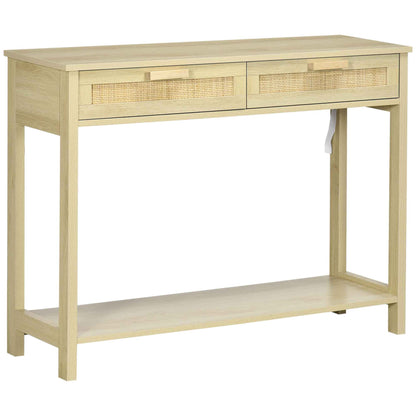 HOMCOM Tavolo Consolle da Ingresso con 2 Cassetti con Superficie in Rattan e Ripiano Inferiore, per Soggiorno o Camera da Letto, Stile Rustico, 100x30x76 cm, Colore Naturale