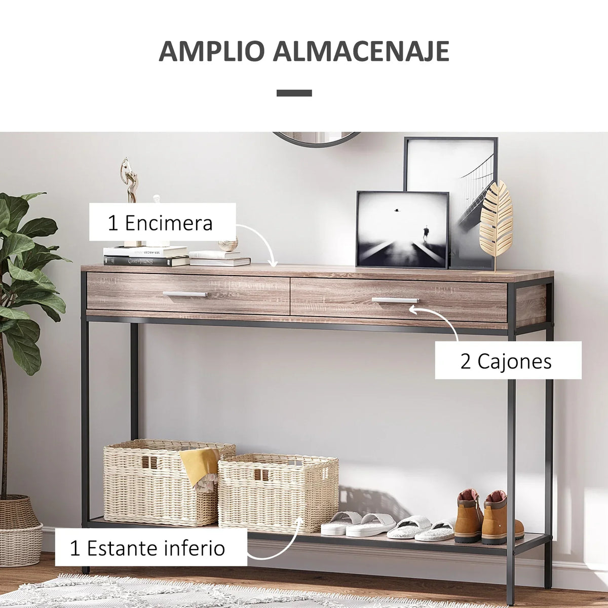 HOMCOM Tavolino Console Stile Industriale con Cassetti e Struttura in Acciaio per Ingresso 120x30x81,5 cm Rovere