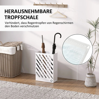 HOMCOM Portaombrelli con 4 Ganci e Vaschetta Raccogligocce Removibile - Portaombrelli per Bastoni da Passeggio e Ombrelli, Acciaio 28 x 14 x 41 cm Bianco